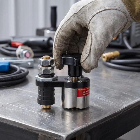 Heavy Duty 200A Grounding Clamp With Magnetic Switch For Welding Pro Work, hand adjusting metal switch on sturdy clamp.