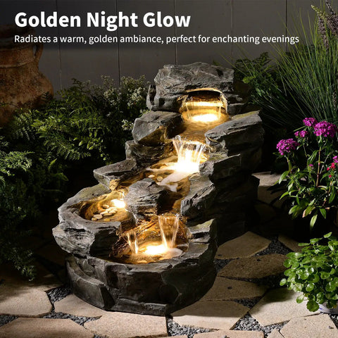 Epic 37 Inch Outdoor Floor Standing Five Tier Rock Waterfall Fountain With LED Lights For Patio Porch And Home Decor installed