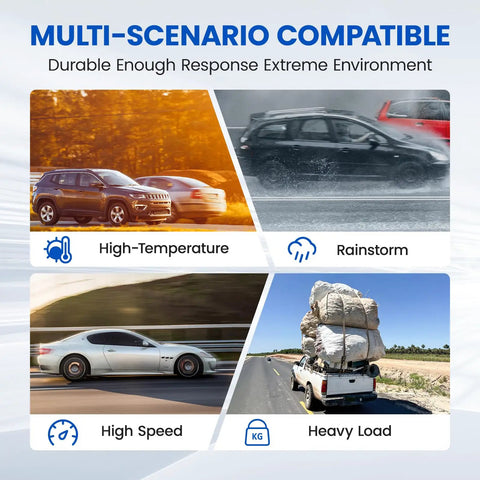 Multi-scenario compatible image showing cars in high temperature, rainstorm, high speed, and heavy load situations.