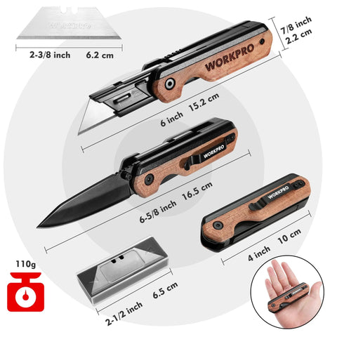 WORKPRO 2-in-1 folding utility knife with wood handle and belt clip; quick-change blade, includes 10 SK5 blades