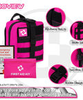Emergency Survival Kit And First Aid Kit For Women With A Tactical MOLLE Pouch, pink bag with safety gear and first aid items.