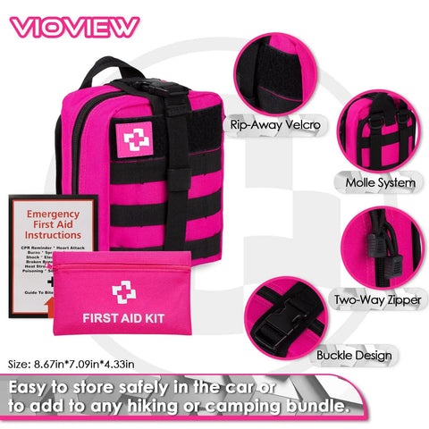 Emergency Survival Kit And First Aid Kit For Women With A Tactical MOLLE Pouch, pink bag with safety gear and first aid items.