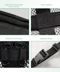 Close-up of double layer roof cargo net with 9 straps, zippered pocket, and double mesh storage for cars, 31.5 x 21.6 inches.
