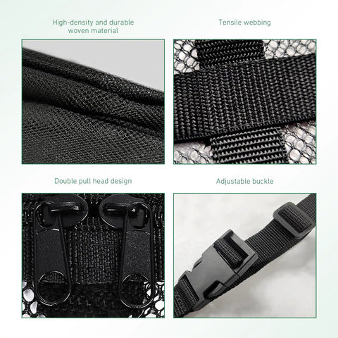 Close-up of double layer roof cargo net with 9 straps, zippered pocket, and double mesh storage for cars, 31.5 x 21.6 inches.