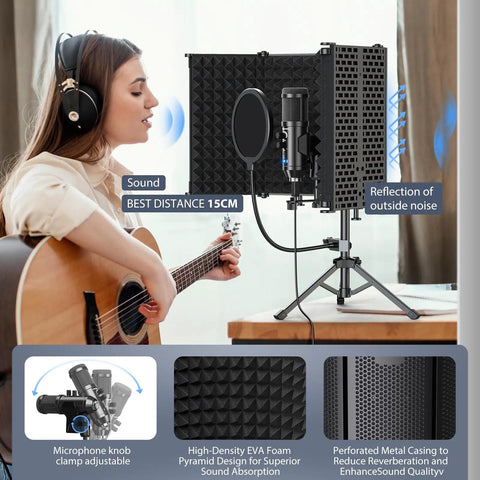 USB Condenser Microphone Kit With Isolation Shield Pop Filter And Tri Stand for recording at home, shown with a guitarist
