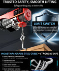 Heavy Duty Electric Hoist 440 Lb Winch with 14.1 Ft Wired Remote and Emergency Stop 110V Lift System details including limit switch