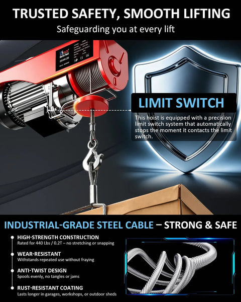Heavy Duty Electric Hoist 440 Lb Winch with 14.1 Ft Wired Remote and Emergency Stop 110V Lift System details including limit switch