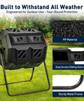 Dual Chamber Compost Bin Outdoor 43 Gallon Rotating Tumbling Composter with sliding doors in a garden setting