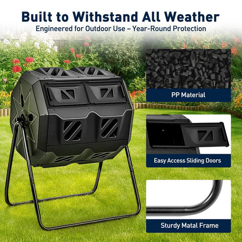 Dual Chamber Compost Bin Outdoor 43 Gallon Rotating Tumbling Composter with sliding doors in a garden setting
