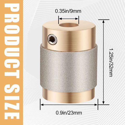 Front view of a 1-inch glass grinder bit head with a diamond-coated middle band and brass ends.