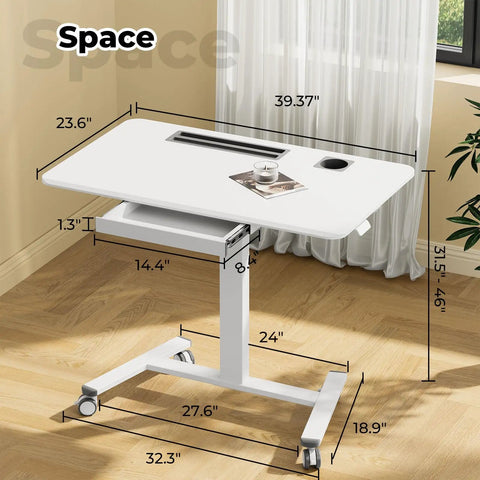 Flex Your Workspace Routine With This Slick Rollaway Standing Desk Featuring A Roomy Desktop Pull Out Storage Bin Built In Mug Holder Heavy Duty Side Hooks And Easy Glide Wheels, white desk showing dimensions.