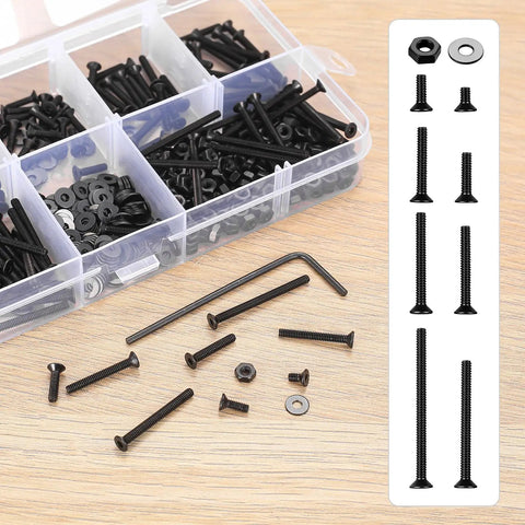 645 Piece M2 Metric Screw Set With Flat Head Countersunk Hex Socket Cap Screws, Black Bolts And Nuts, Washers And Wrench