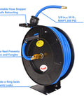 Retractable Air Hose Reel With Three Eighths Inch By Fifty Foot Hybrid Hose, Heavy Duty Steel Build, Auto Rewind and 300 PSI