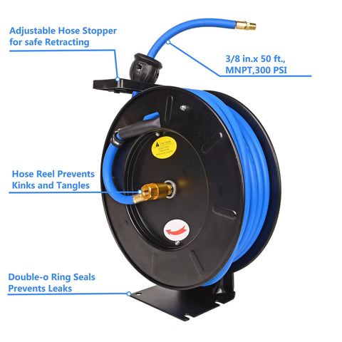 Retractable Air Hose Reel With Three Eighths Inch By Fifty Foot Hybrid Hose, Heavy Duty Steel Build, Auto Rewind and 300 PSI