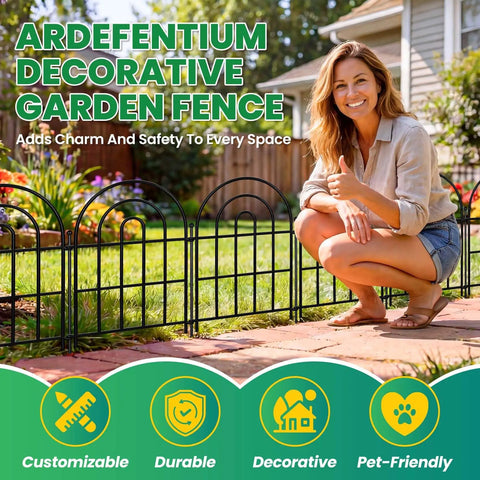 Arched Metal Garden Fence Panels 17 Inch Tall 10.83 Feet Long With Tool Free Install, outdoor setup in yard