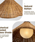 DLITISH 19'' Hand Woven Rattan Pendant Light with Glass Shade showing natural rattan weave and spherical frosted glass shade.