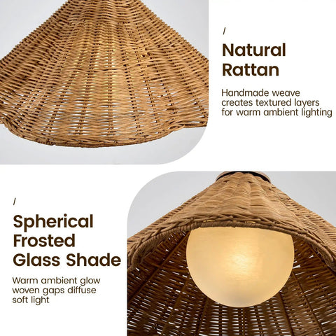 DLITISH 19'' Hand Woven Rattan Pendant Light with Glass Shade showing natural rattan weave and spherical frosted glass shade.