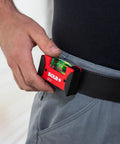 Sola Spirit Level Compact Go! Clip, 0 being held on a belt, showing its compact size and robust design.