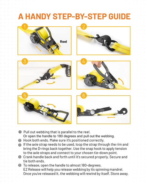 Step-by-step guide for using Retractable Ratchet Tie Down Strap 2 Inch By 16 Foot Heavy Duty With Snap Hooks 10000 Lbs Breaking Strength