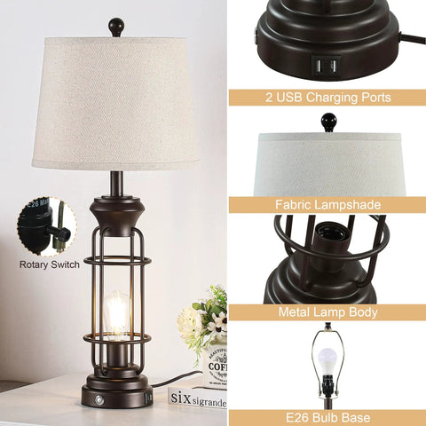 Set Of 2 Farmhouse Tall Table Lamps For Living Room And Bedroom, Oil Rubbed Bronze Finish With White Oatmeal Linen Shade, Dual USB Charging Ports, Bulbs Included, Sturdy Metal Construction