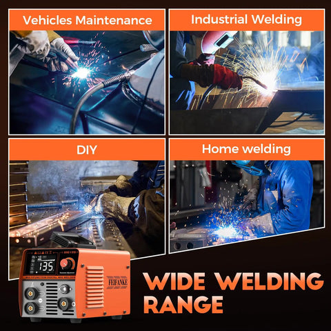 MIG Welder 110V Full Kit With 135A Synergy Flux Core Gasless MIG Lift TIG And ARC, showcasing wide welding range uses.