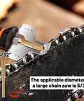 Close-up of 5/32" titanium chainsaw sharpener bit attached to a drill, measuring the chain size for sharpener use.