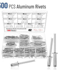 500 Piece Aluminum Pop Rivets Assortment Kit With Ten Sizes From One Eighth Inch To Three Sixteenths Inch Blind Rivets For Metal Quick Repairs And DIY Projects In Durable Rivet Box