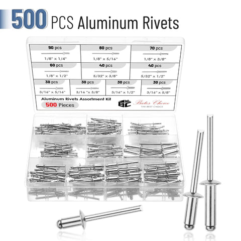 500 Piece Aluminum Pop Rivets Assortment Kit With Ten Sizes From One Eighth Inch To Three Sixteenths Inch Blind Rivets For Metal Quick Repairs And DIY Projects In Durable Rivet Box