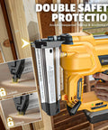 Built Damn Tough 18 Gauge Cordless Brad Nailer Runs Smooth With Dewalt 20V Batteries showing double safety protection features.