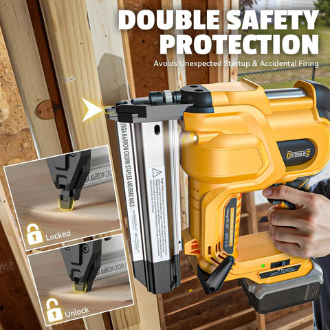 Built Damn Tough 18 Gauge Cordless Brad Nailer Runs Smooth With Dewalt 20V Batteries showing double safety protection features.