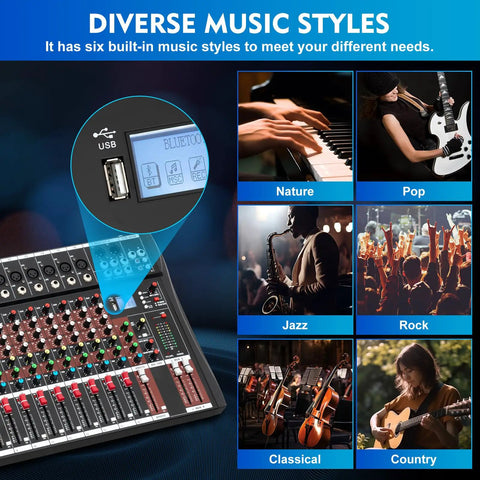 Sixteen Channel Digital Audio Mixer With 48V Phantom Power USB Slot LED Screen Bluetooth And Pro Grade Mic Preamps
