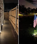 Pathway lit by 12W Outdoor Spot Lights With Transformer Hella Bright Warm White LED Landscape Lighting Kit for Yard Garden House Lawn Trees and Flags IP66 Waterproof 4 Pack