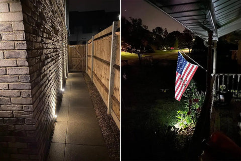 Pathway lit by 12W Outdoor Spot Lights With Transformer Hella Bright Warm White LED Landscape Lighting Kit for Yard Garden House Lawn Trees and Flags IP66 Waterproof 4 Pack