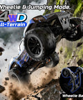 One Twelve Scale Fast RC Truck With Dual Batteries 45 KPH 4WD Off Road Monster RC Car performing a wheelie on rocky terrain