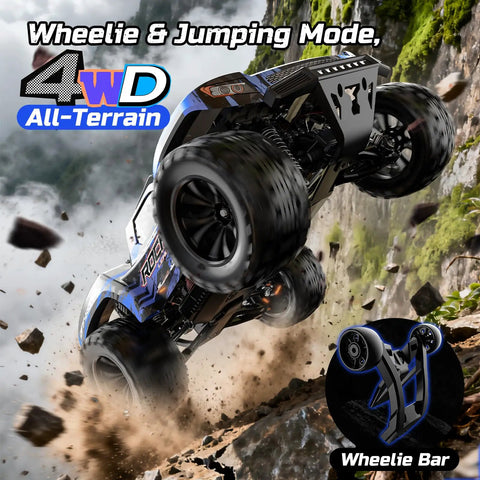 One Twelve Scale Fast RC Truck With Dual Batteries 45 KPH 4WD Off Road Monster RC Car performing a wheelie on rocky terrain