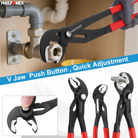 Three Piece Water Pump Pliers Set Grip Ready With Push Button Quick Adjustment 7 Inch 10 Inch And 16 Inch Tongue And Groove Pliers For Plumbing DIYers Homeowners HVAC Pros Heavy Duty Adjustable Pliers Kit With Carrying Bag