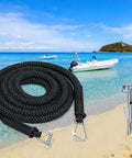 Elastic Bungee Dock Line For Boat Mooring 14 Ft Rope With 316 Stainless Steel Clips on sandy beach with boat in background