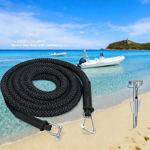 Elastic Bungee Dock Line For Boat Mooring 14 Ft Rope With 316 Stainless Steel Clips on sandy beach with boat in background