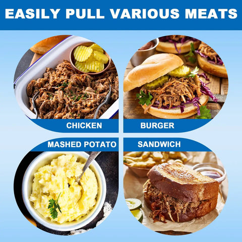 Heavy Duty 3 Inch Stainless Steel Pork Puller Electric Drill Attachment That Shreds Meats Like Butter And Whips Up Potatoes With Smooth Operator Ease Sporting A Grippy Hex Shank For Total Badass Kitchen Efficiency displayed with shredded chicken, burger, mashed potatoes, and sandwich.
