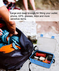Large Waterproof Dry Box For Kayaking And Boating, blue box with gear inside, watertight storage for phone, wallet, GPS, keys
