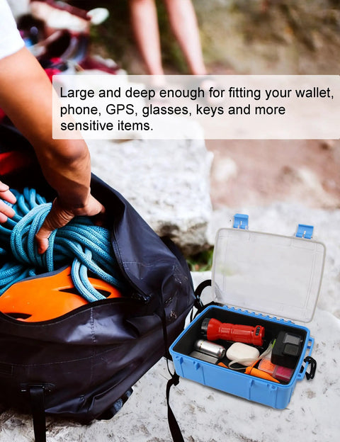 Large Waterproof Dry Box For Kayaking And Boating, blue box with gear inside, watertight storage for phone, wallet, GPS, keys