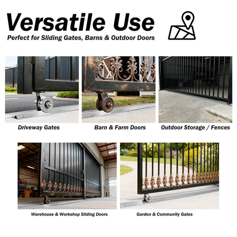 Versatile use of Heavy Duty 12 Foot V Track For Sliding Gates In Galvanized Steel Inverted V Groove Rail shown in residential and commercial settings.