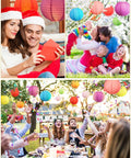 Festive scene with multicolor 48 pack paper lanterns for parties round Chinese style hanging lamps in 4 sizes used during celebrations.