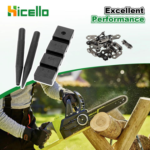 Hicello 3-piece pocket chainsaw repair kit, front view with 2 black handles and 3/8-inch chain joiners (10 pcs).