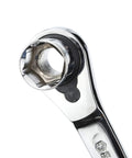 Close-up of a ratchet from the 80-Piece 1/4-Inch and 3/8-Inch Vortex Socket Set With Wobble Extension, showcasing chrome finish.