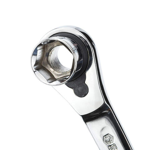 Close-up of a ratchet from the 80-Piece 1/4-Inch and 3/8-Inch Vortex Socket Set With Wobble Extension, showcasing chrome finish.