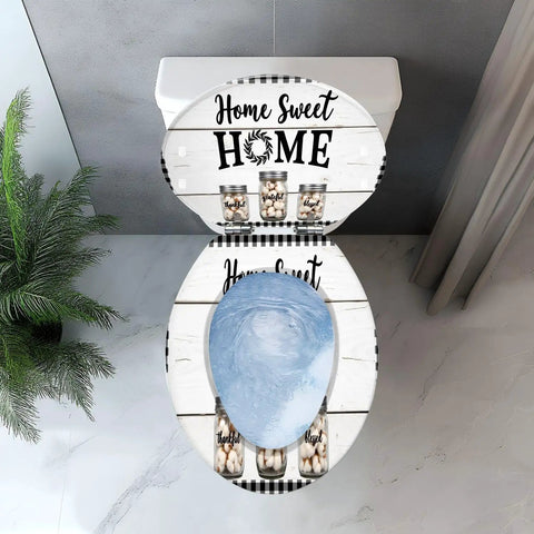 Elongated Toilet Seat Resin for Farmhouse Bathroom with decorative jars and home-themed design, fitting most standard toilets.