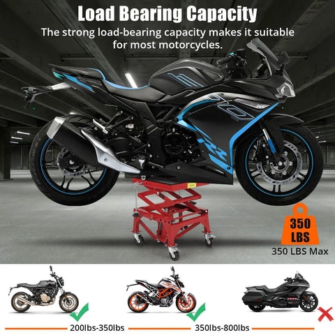 Heavy Duty Hydraulic Motorcycle Lift Table With 350 Lb Capacity Wide Deck Foot Operated Jack J Hooks Four Wheels Perfect For ATVs And Dirt Bikes Maintenance And Repairs supporting a motorcycle