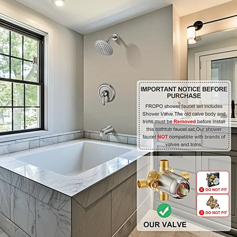 Slick Brushed Nickel Tub Shower Faucet Trim Kit With Smooth Single Handle Controls And Heavy Duty Internal Valve installed above a bathtub.