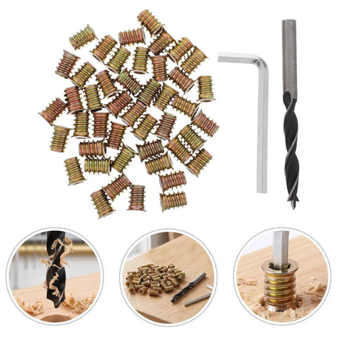 Beefy Wood Threaded Insert Kit With Hex Drive Nuts For Quick Furniture Fixes And Solid Secure Fastening One Quarter Inch Thread Size For Durable DIY Woodworking Projects, 1/4-20 inserts with drill bit and hex key